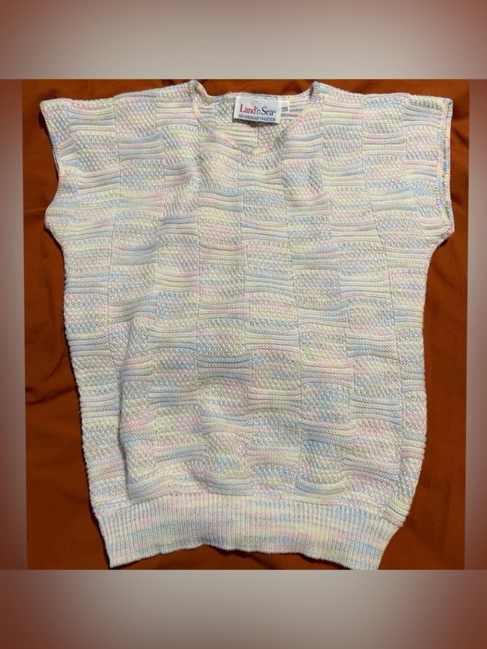 Vintage Land ’N Sea Pastel Knit Sweater Vest USA Extended Shoulder Coastal S